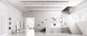 Interior of modern white apartment hall kitchen panorama 3d render. All images, paintings, photos used in this interior are my own work, all rights belong to me.